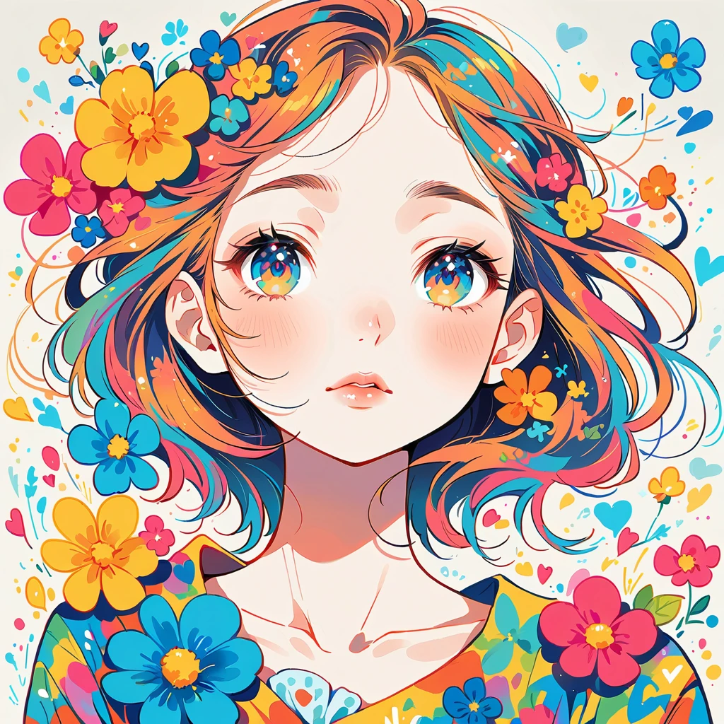 Mika Pikazo Style、The most beautiful girl of all time、Lips in Love、Colorful flowers、colorful hearts, Simple line initials、Abstract art、Urban Background