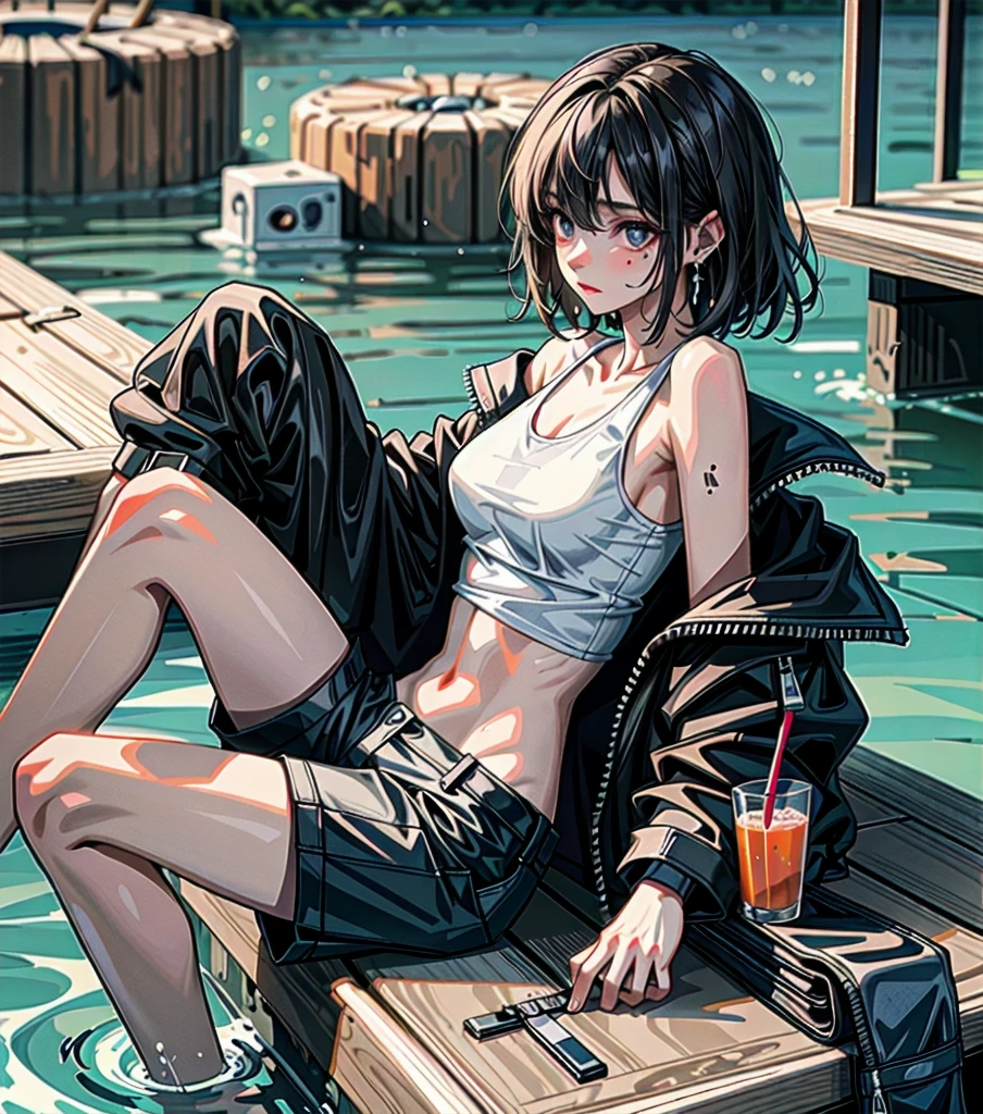 whole body, solo, alone, delicate facial features, medium tits, medium hair, black hair, tearful mole, earring, tank top shirt, cargo pants, shorts, wet,