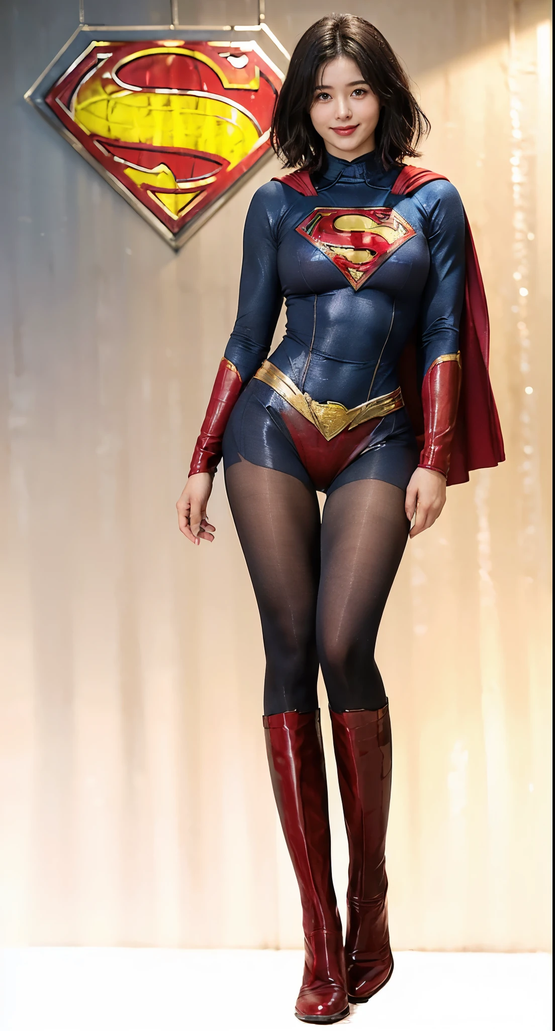 No background、She always has her mouth open、She always has a troubled look on her face、Always close your eyes、(((Beautiful legs in black tights.)))、(((Stretch your legs、expensive、美しいsmileを表現する)))、((((Make the most of your original images)))、(((Supergirl Costume)))、(((Beautiful Short Hair)))、(((smile)))、(((Black tights legs、Wear red boots)))、((Best image quality、8K))、((Highest quality、8K、masterpiece:1.3))、(((Preserve background )))、Sharp focus:1.2、Beautiful woman with perfect figure:1.4、Slim Abs:1.2、Wet body:1.5、Highly detailed face and skin texture、8K