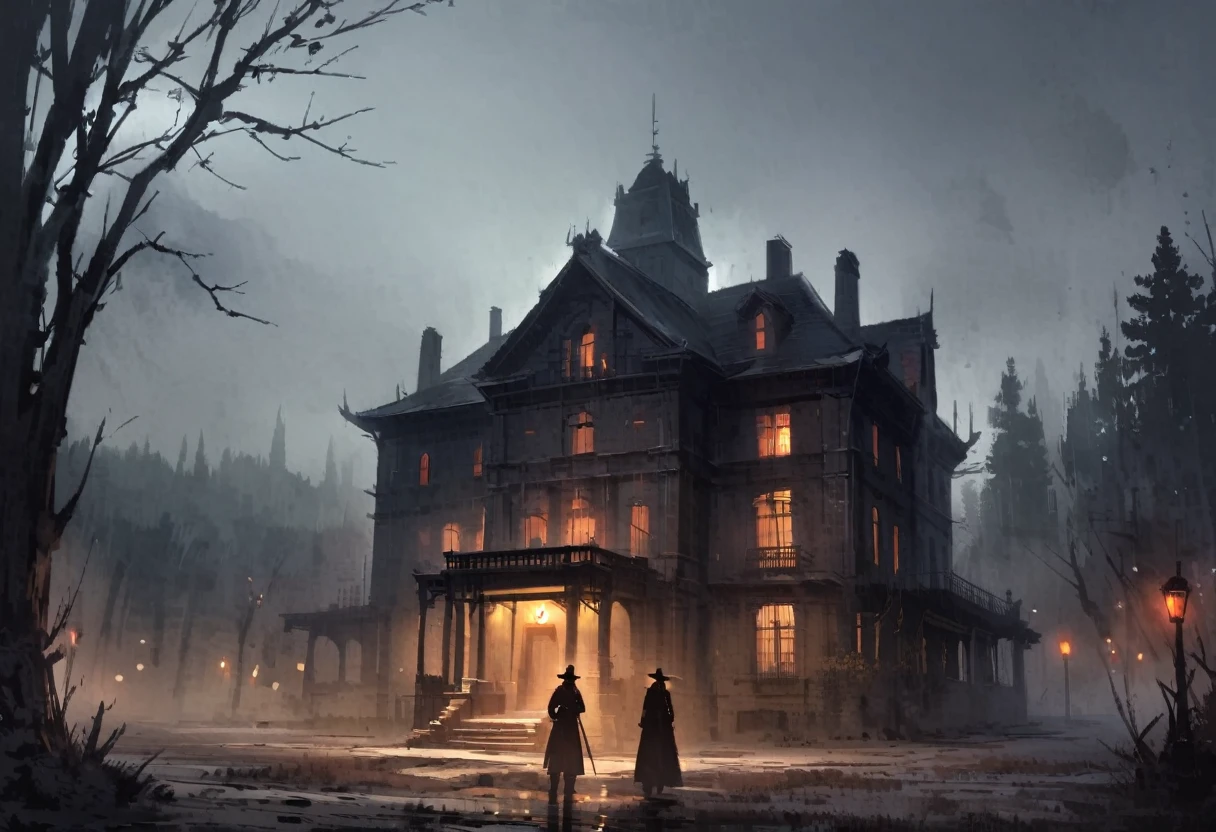 Western style、Western、A large old Western-style mansion、Dark atmosphere、scenery、building、night、in the forest、Creepy、suspicious、No lights on、blackout