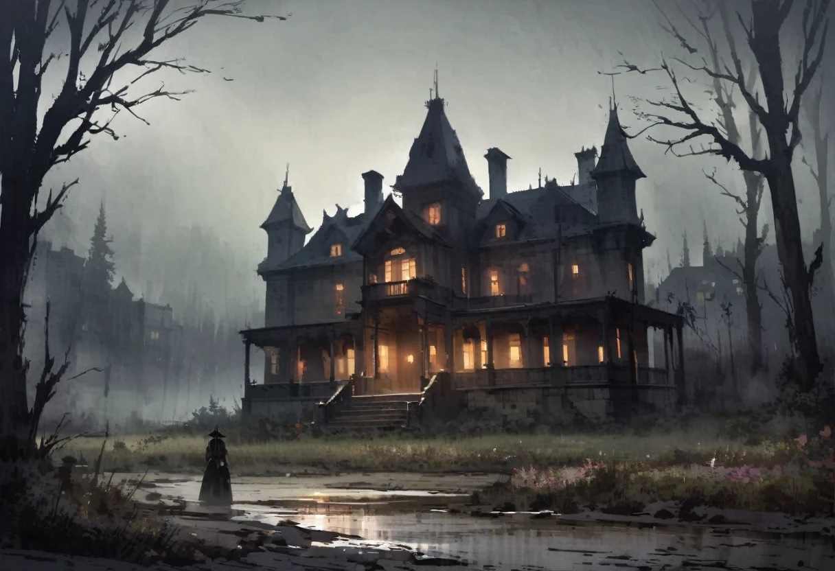 Western style、Western、A large old Western-style mansion、Dark atmosphere、scenery、building、night、in the forest、Creepy、suspicious、No lights on、blackout
