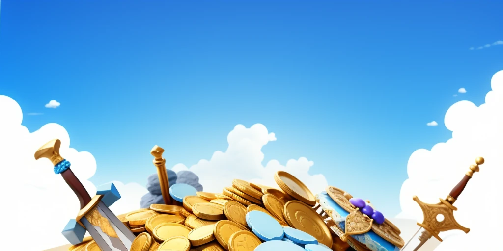Primitive tribe,Blue sky and white clouds,Gold coins piled up into a mountain,Kaneko,Treasure Chest,Sword,Heaped on the ground,Tribal style,Cartoon model rendering,intricate details,masterpiece,best quality,Optimal resolution,8K