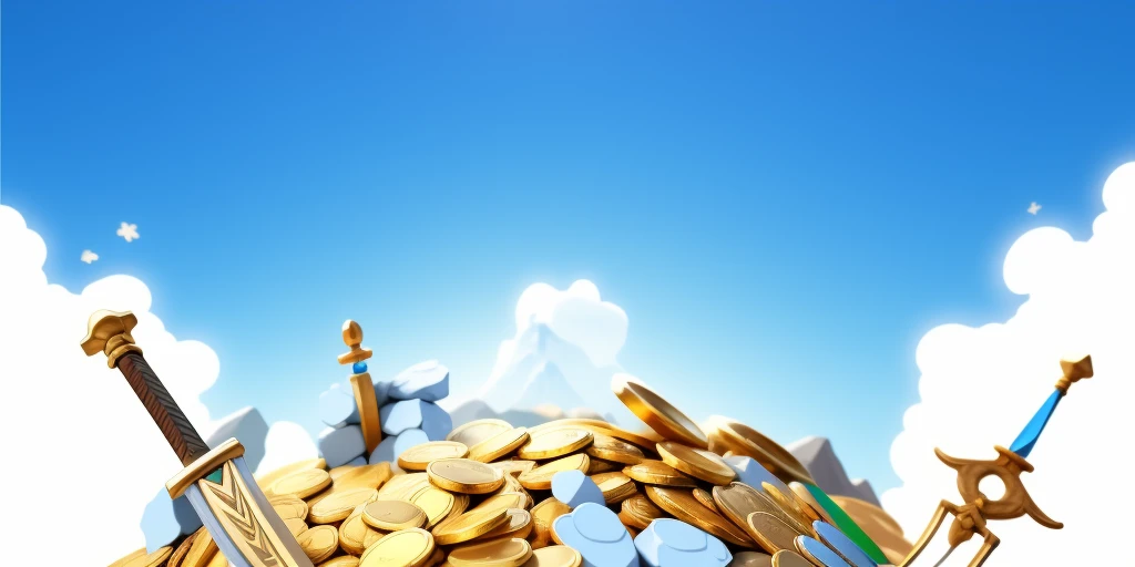 Primitive tribe,Blue sky and white clouds,Gold coins piled up into a mountain,Kaneko,Treasure Chest,Sword,Heaped on the ground,Tribal style,Cartoon model rendering,intricate details,masterpiece,best quality,Optimal resolution,8K