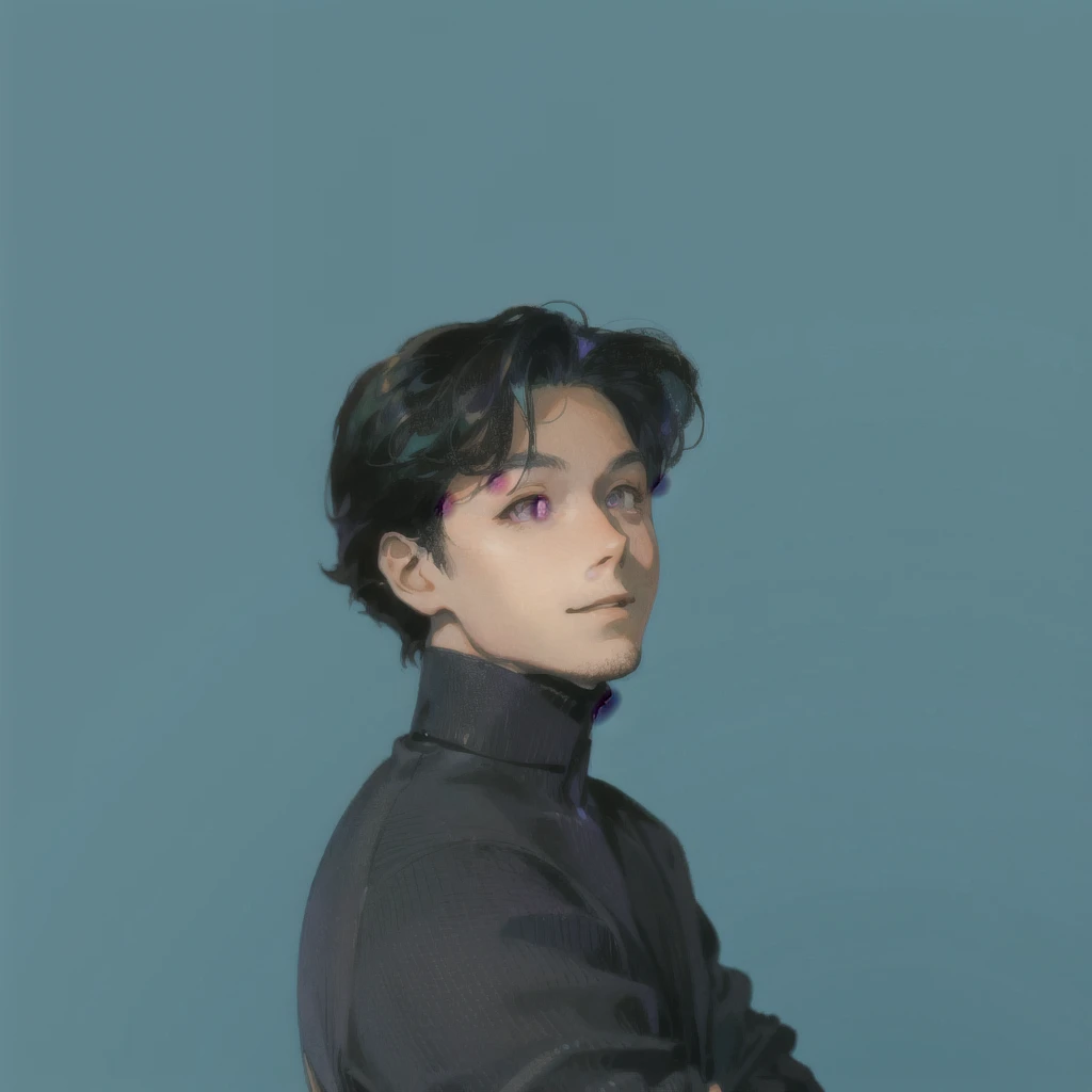 masterpiece, illustration, high quality, 1 boy, kazehaya tatsumi, happy gentle smile, green hair, purple eyes, upper body, slightly side view, holographic clothing, looking at viewer, pose,