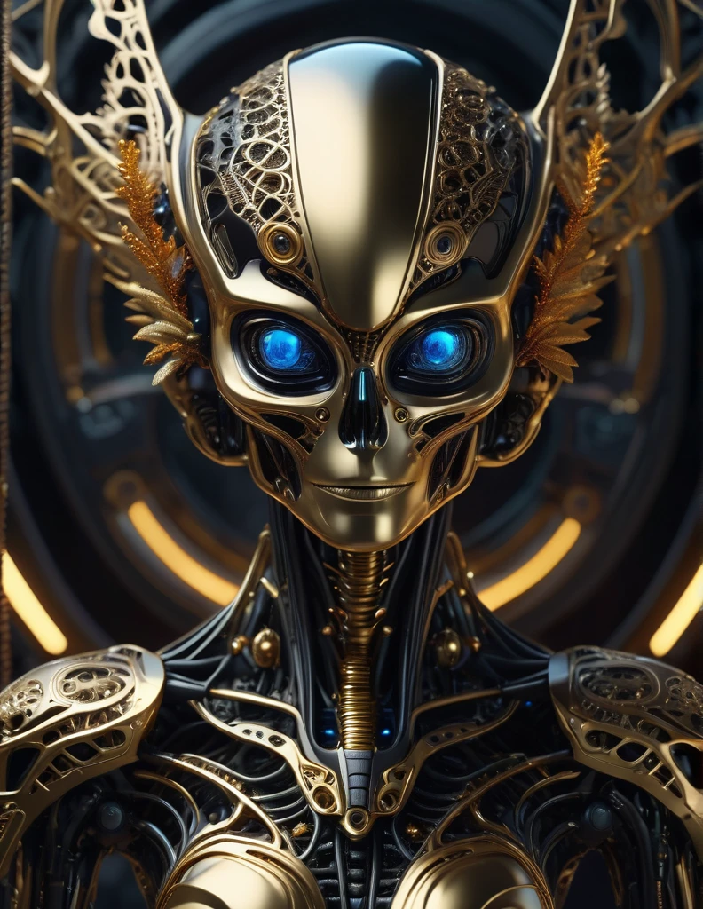 Complex 3d rendering ultra-detailed beautiful ancient alien , biomechanical robot, simulated 150mm shot, beautiful natural soft edge light, crystal , roots, delicate leaf lace, colorful details, piercings, intricate details, mesh threads, mandelbro fractals, body muscles, cable wires, microchips, badasses, surreal, ultra-detailed, octane rendering, volumetric lighting, 8k post-production, black and gold with a touch of black, metallic skeleton details, half- alien , futuristic alien , power of alien ,
