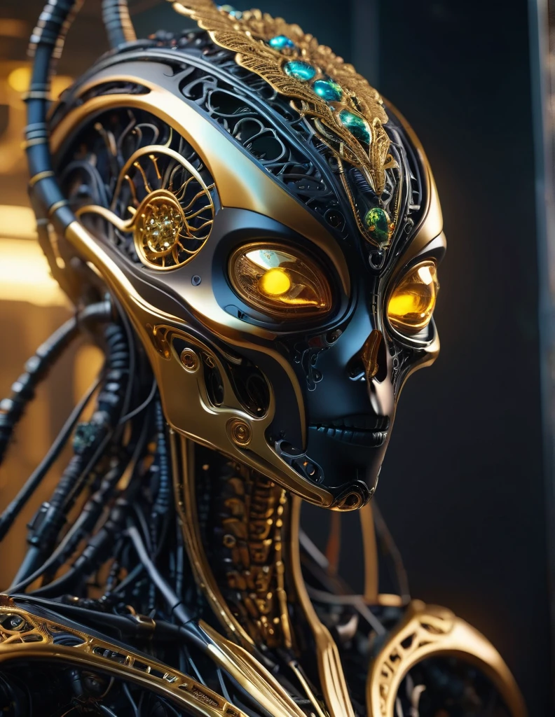 Complex 3d rendering ultra-detailed beautiful ancient alien , biomechanical robot, simulated 150mm shot, beautiful natural soft edge light, crystal , roots, delicate leaf lace, colorful details, piercings, intricate details, mesh threads, mandelbro fractals, body muscles, cable wires, microchips, badasses, surreal, ultra-detailed, octane rendering, volumetric lighting, 8k post-production, black and gold with a touch of black, metallic skeleton details, half- alien , futuristic alien , power of alien ,