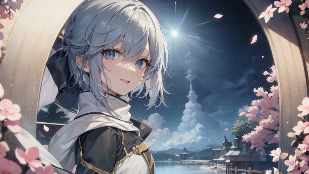 Her eyes were shining、Mysterious and enchanting atmosphere。With AI Painting、とてもShort Hair, Long bangs between the eyes, Grey Eyes , Very detailed,(masterpiece、Highest quality)、alone、Gray Hair、Fantasy, Silver Hair, Beautiful Eyes,Ecstasy, charm, attract the audience, Fantasyな風景、White shirt、smile、Open your mouth、Scarf、short hair、Short Hair、hairpin、Dark Eyes、Anime Eyes、Beautiful eyes、Eyes written in detail