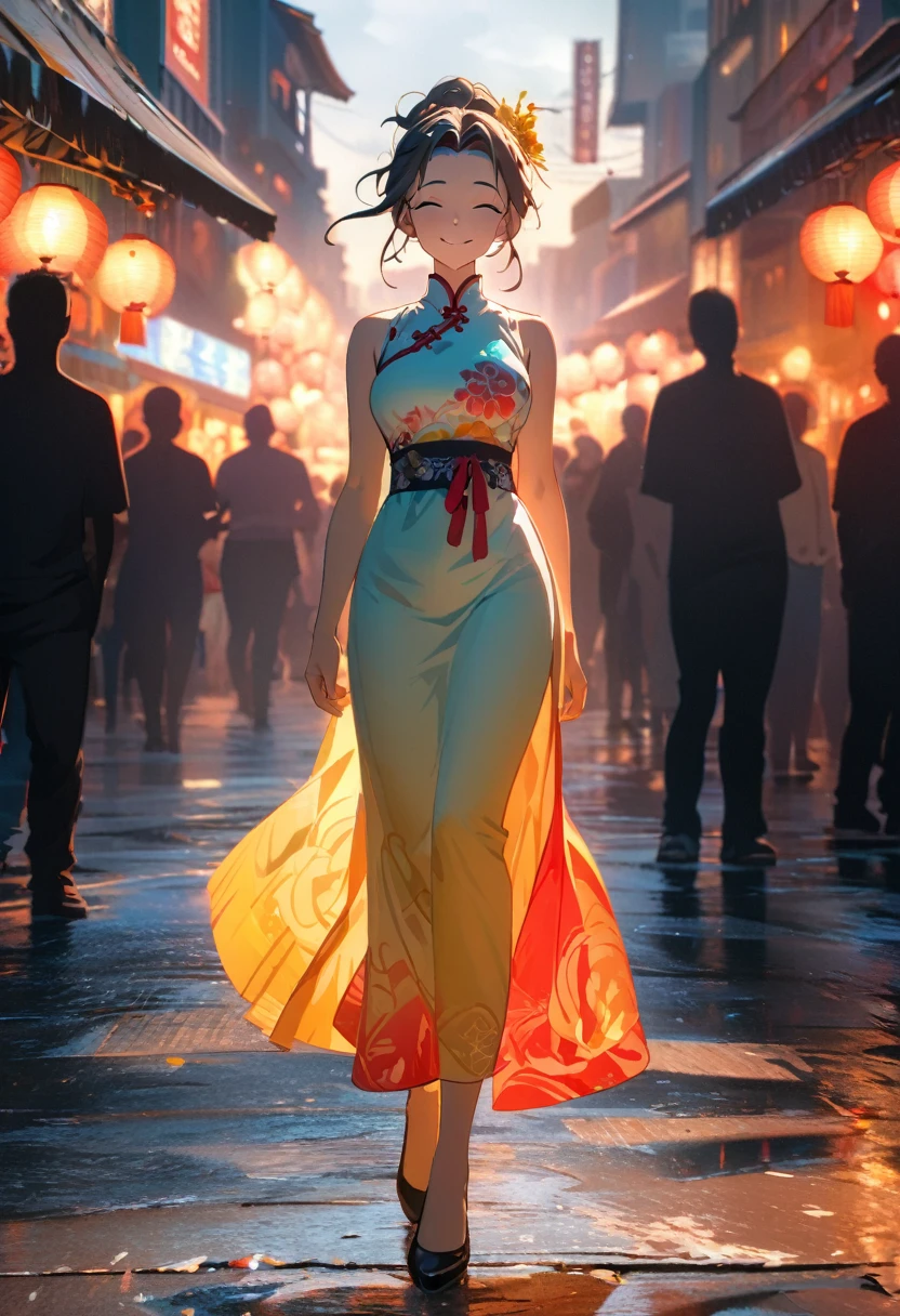 (best quality,8k,highres, masterpiece:1.2), (anime style),ultra-detailed, HDR, UHD, studio lighting, ultra-fine painting, sharp focus, physically-based rendering, extreme detail description, professional, vivid colors, bokeh, portraits, concept artists, warm color palette, dramatic lighting,Summer festival night,1 beautiful woman,(no sleeves Chinese traditional dress),updo, big smile, closed eyes, (The cityscape lined with the fairs of summer festivals),(beautiful hair, glowing skin,),full body,(Silhouette of a passing crowd),(anime style),