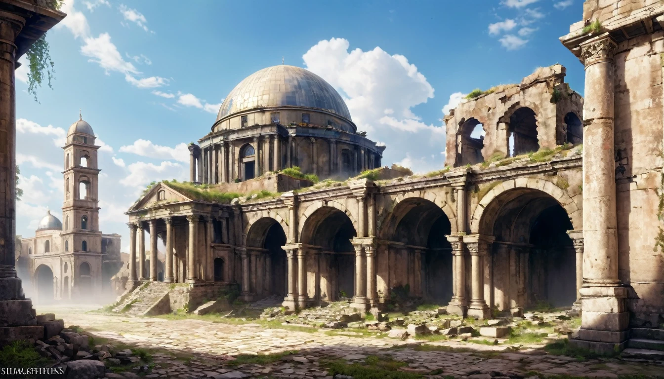 an old city with ruins where there is a large border dome around it you see it from the side