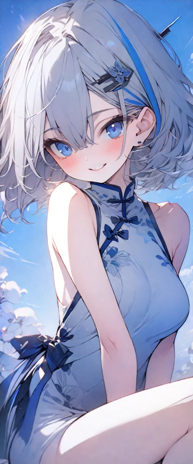 beautiful, masterpiece, Highest quality, anime, One girl, C Cup,Portrait Shot, View your viewers, Intricate details,>,Covered、Short Hair、nearby、Blue Eyes、art、、White hair,Blue streaked hair、wallpaper、、hairpin、smile、Thighs、White cheongsam、blue sky、Leg spread、Sitting with legs crossed