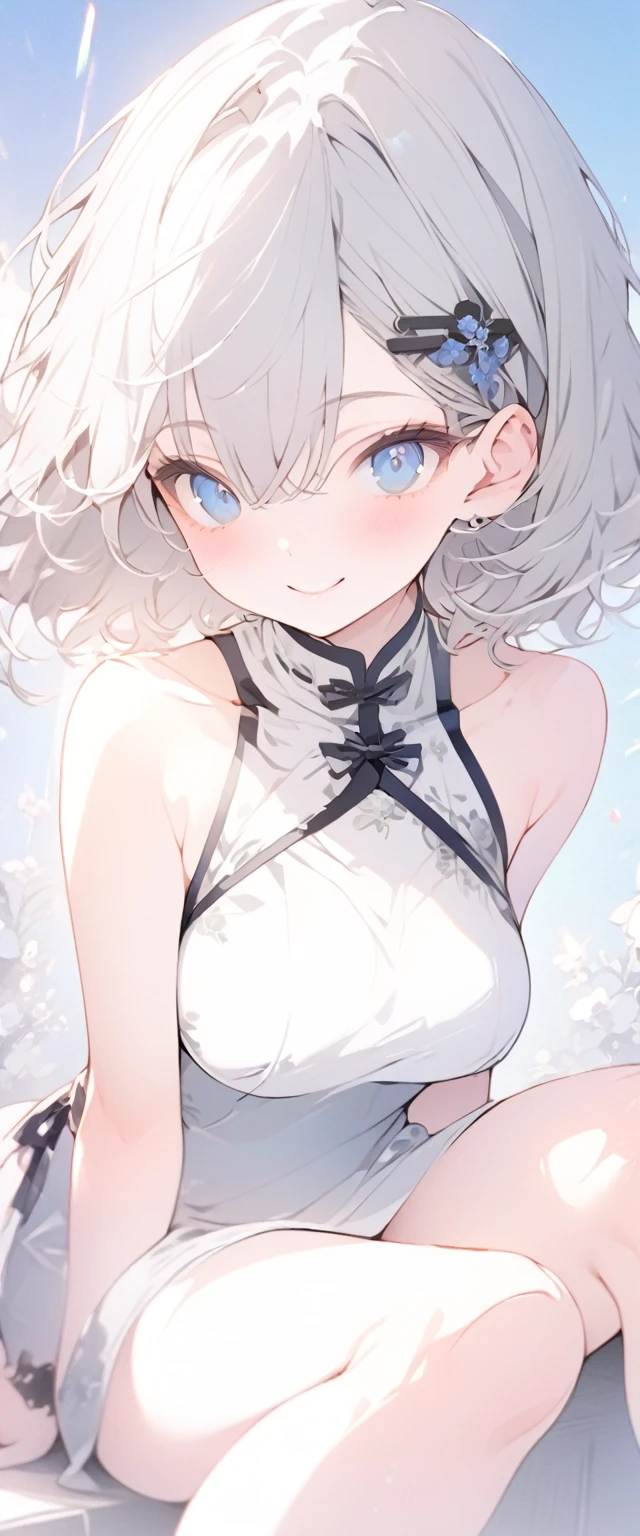 beautiful, masterpiece, Highest quality, anime, One girl, C Cup,Portrait Shot, View your viewers, Intricate details,>,((Covered、Short Hair、nearby、Blue Eyes、art、White hair,Blue streaked hair、wallpaper、silk_White Knee Highs、hairpin、smile、Thighs、Armpit、silk_White frilly school swimsuit
