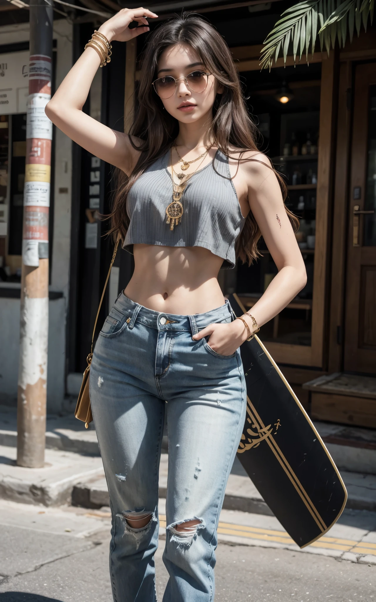 Olive-colored Arab girl, Bullish, slim, curled hair, long and voluminous and black, wide hip, Waist slender, a beautiful body, wearing a gray blouse with a surfboard design on the front of the blouse, Flared jeans, cintura Bullish no modelo anos 70, wearing round sunglasses, hippie necklace, hippie bracelet, Arabic tattoo on right arm, hippie sandals walking on an Arab street.