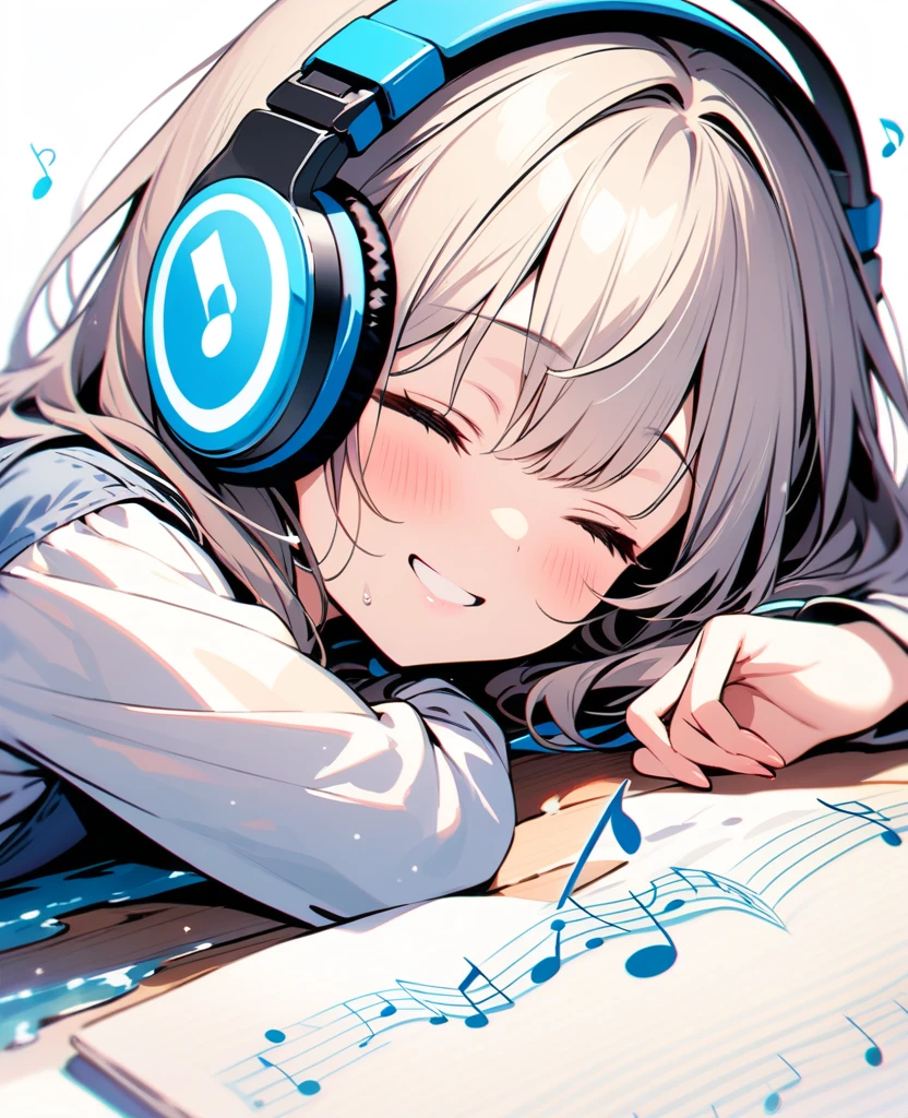 (best quality, masterpiece, ultra high-resolution, ultra-detailed: 1.2), An illustration of quarter note and eighth note symbols popping out of headphones. Picture the musical-note-symbols spilling out of your headphones and spreading out all around you.keep the background simple so the notes stand out, and give the overall pop and energetic feel.(musical-note:1.5),
BREAK.A girl sleeping face down on a desk,Close-up ,smiling,(closed eyes),big headphones,
white background,shiny skin,pale skin,(water color:1.3),