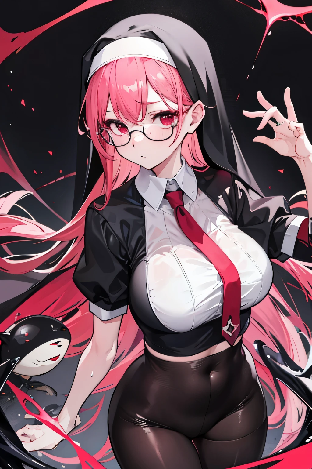 underdressing，Expression of disgust，Expression of disgust，Red Eyes，Sweat，Soaked，liquid，transparent，Cropped tops，nun，pink，stocking，Glasses，Black pantyhose