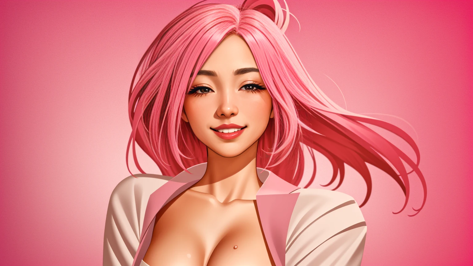 Big Breasts, smile, bonney, pink hair, cute smile,a white blouse 