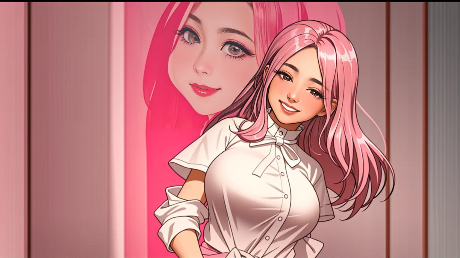 Big Breasts, smile, bonney, pink hair, cute smile,a white blouse 10 years old