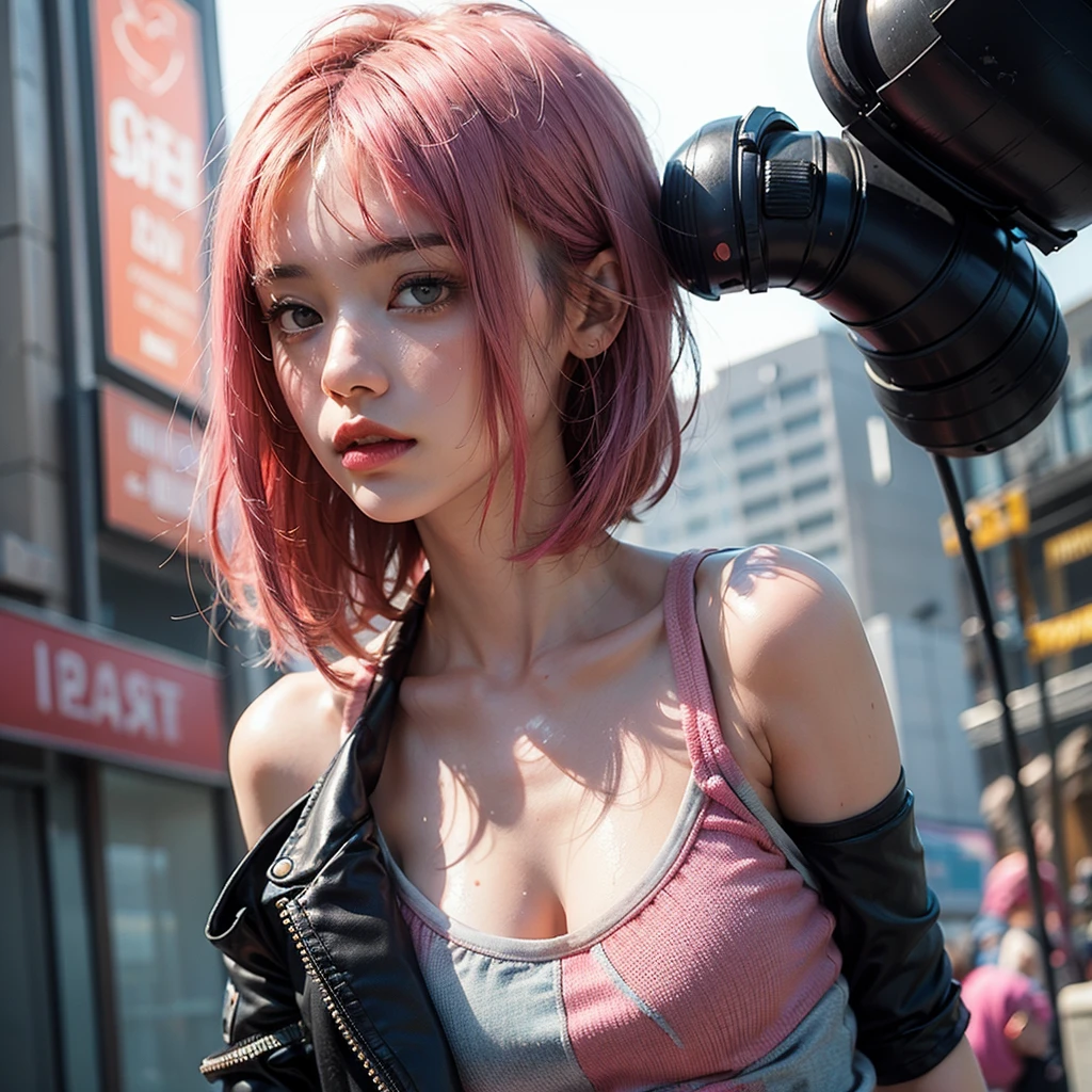 (masutepiece), (Portrait), (Aesthetic), (cute little), (upper blody), (High quality), (aesthetic clothings), (professional angle), (thirds rule), (Feminine), (Woman), , (Beautiful),(Feminine features), (18year old:1.4), Solo, 1 woman, (Charming punk girl), Blue eyes,Full body,faces、(A smile:1.5),(facing front:1.2),Dramatic light, ((Playing guitar)), (Small bust), ((electric guitar)), (Front face), (Defiant expression), ((defiance)), (Leather jackets and tattoos), ((Short hair)), (dyed (E.G. and pinks) hair), (spiky hair), (Thick hair), Matte Shine Hair, (Hair bands scattered in the hair), (Bold and bold look), (pale skin), (Dark clothes), (Band T-shirt), (Ripped jeans), crew neckline), ((Urban alley background)), (up close shot), Beautiful hands, Two hands, normal hands, Two arms, complete hands, Beautiful body, Beautiful fingers, normal fingers, Five Fingers, Five Fingers, (Thumb index finger ring finger), Beautiful ears, normal ears, Beautiful eyes, shiny eyes, Beautiful mouth, Beautiful lips,Medium hair with pink hair, (Pink hair), Ear Hair, small tits, Single braid, (Single braid), (Side braid)