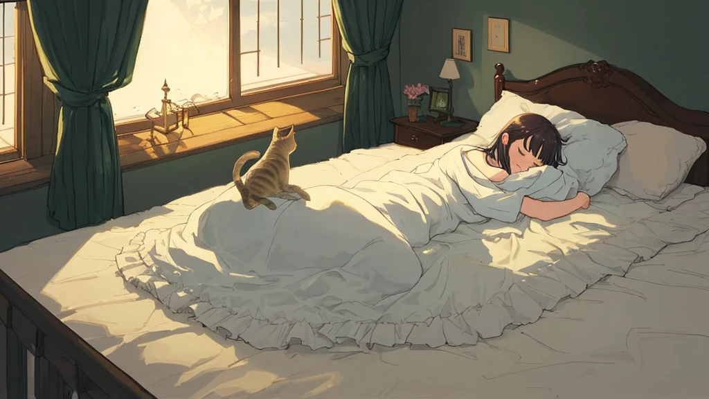 A peaceful illustration of a cat sleeping on a bed at midnight. The room is dimly lit by moonlight streaming through a window. The cat is curled up comfortably on the bed with its eyes closed, surrounded by cozy blankets and pillows. The atmosphere is serene and calm, emphasizing the quiet and restful night. No anthropomorphism.
