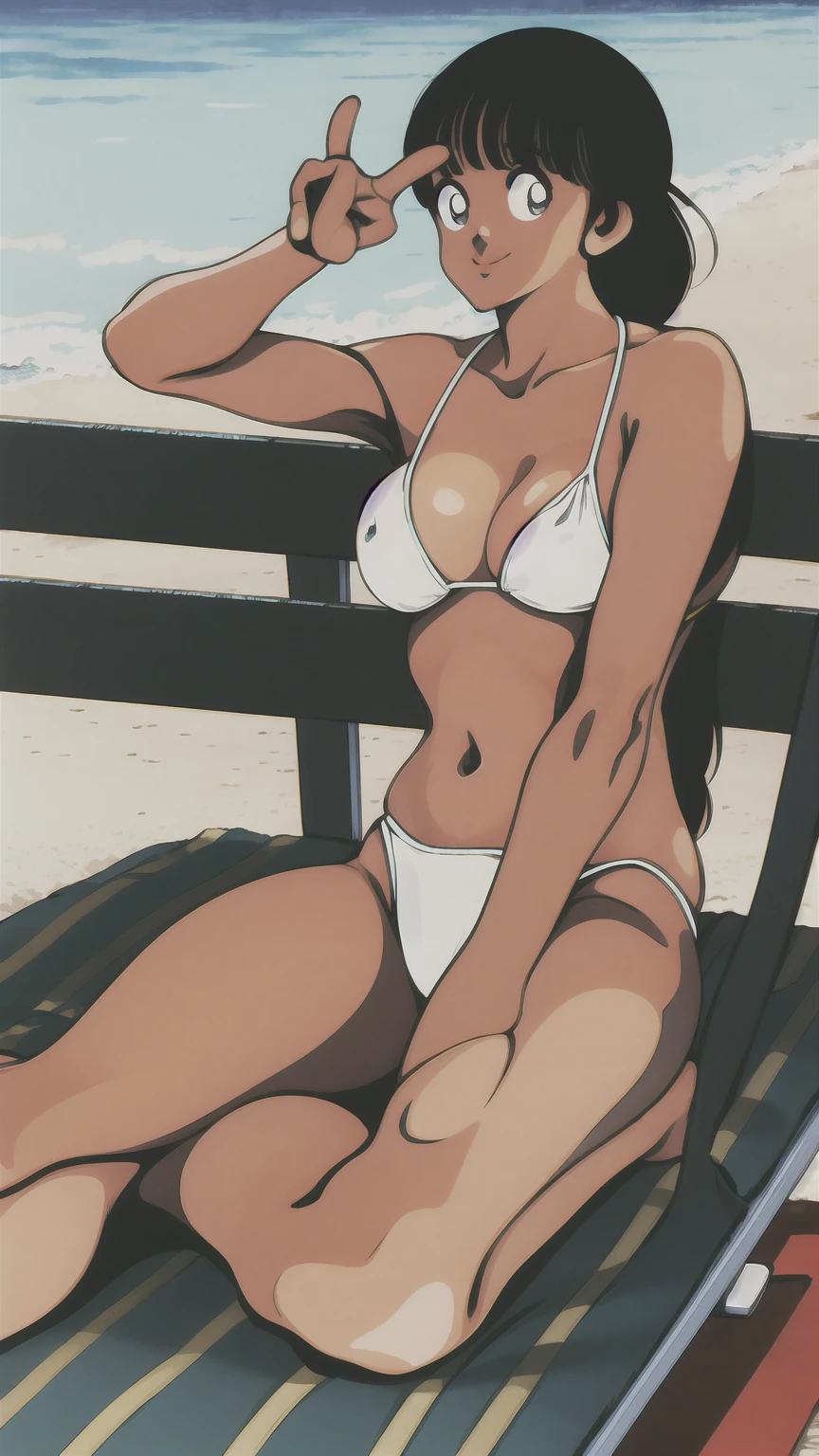 (((character:asakura minami:1.3))),((masterpiece)),((highest quality)),Super detailed,(thin entire outline),enlightenment,explicit,POV,1girl,solo,black hair,medium hair,black eyes,small nose,perfect body,beautiful body,beautiful character design,perfect eyes,perfect face,((happy smile)),small open mouth,(enjoy,having fun:1.2),entp,perspiration,wallpaper,ultra high resolution,8k,photo shoot,(beautiful large breast:1.2),beautiful legs,perfect feet,beautiful skin,fair skin,smooth skin,official style,official art,make a screen cap,outdoor,(summer beach),sunshine,bright lighting,white bikini,(ultimate micro bikinis:1.2),protruding nipples,((on beach chair)),spread legs,(peace sign:1.2),