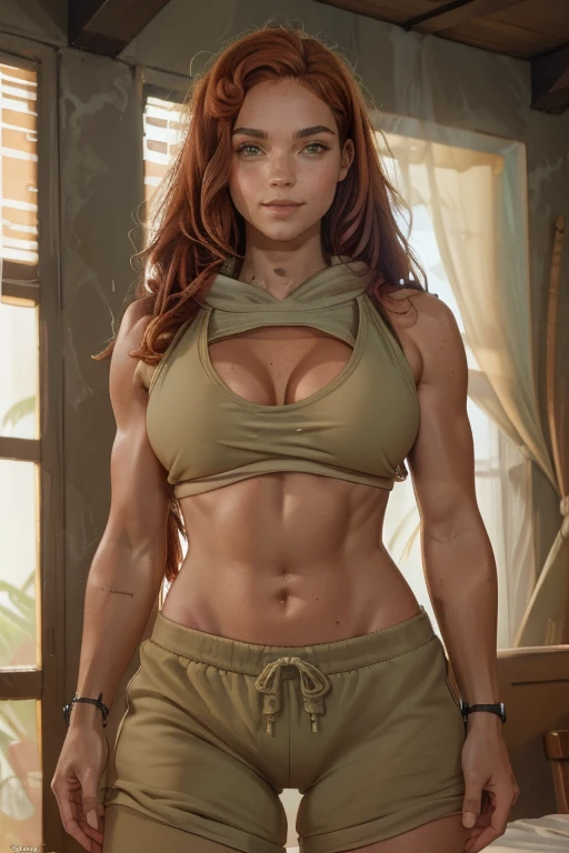 Athletic fit 30 year old woman, long wavy red hair down her back, big beautiful green eyes, freckles, muscle tone, wearing oversized sweatpants, and a huge loose baggy oversized low-cut cut-hoodie with wide open arm-holes underneath the top , her top  is flowy and wavy in the wind, cleavage, small muscle definition in shoulders, curvy, wide hips, thick thighs, nice big muscular ass, mature face, grinning, tattoos, in a living room, Instagram model