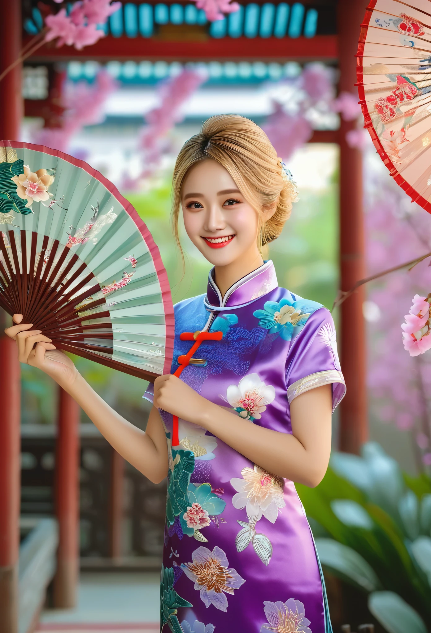 1girl, solo, purple chinese clothes, Cheongsam, blonde hair, looking at viewer, smile, blue eyes, hand fan, hand on hip, flower, plant, realistic,