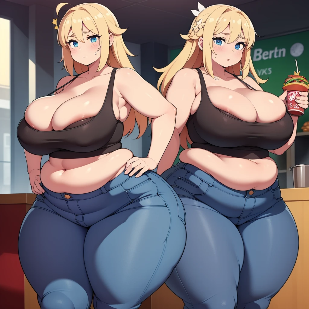 ((Masterpiece)), perfect anatomy, perfect shading, field of depth, (best quality), extremely delicate and beautiful, perfect lighting, detailed face, ultra cute face, cute, (1girl), (solo),

long fluffy blonde hair, blue eyes, ((blush)), nervous, looking at viewer, tank top, jeans, cleavage, large breasts, ((thick thighs)), wide hips, fat ass, chubby, 

intricate background, detailed background, fast food restaurant, standing, 
