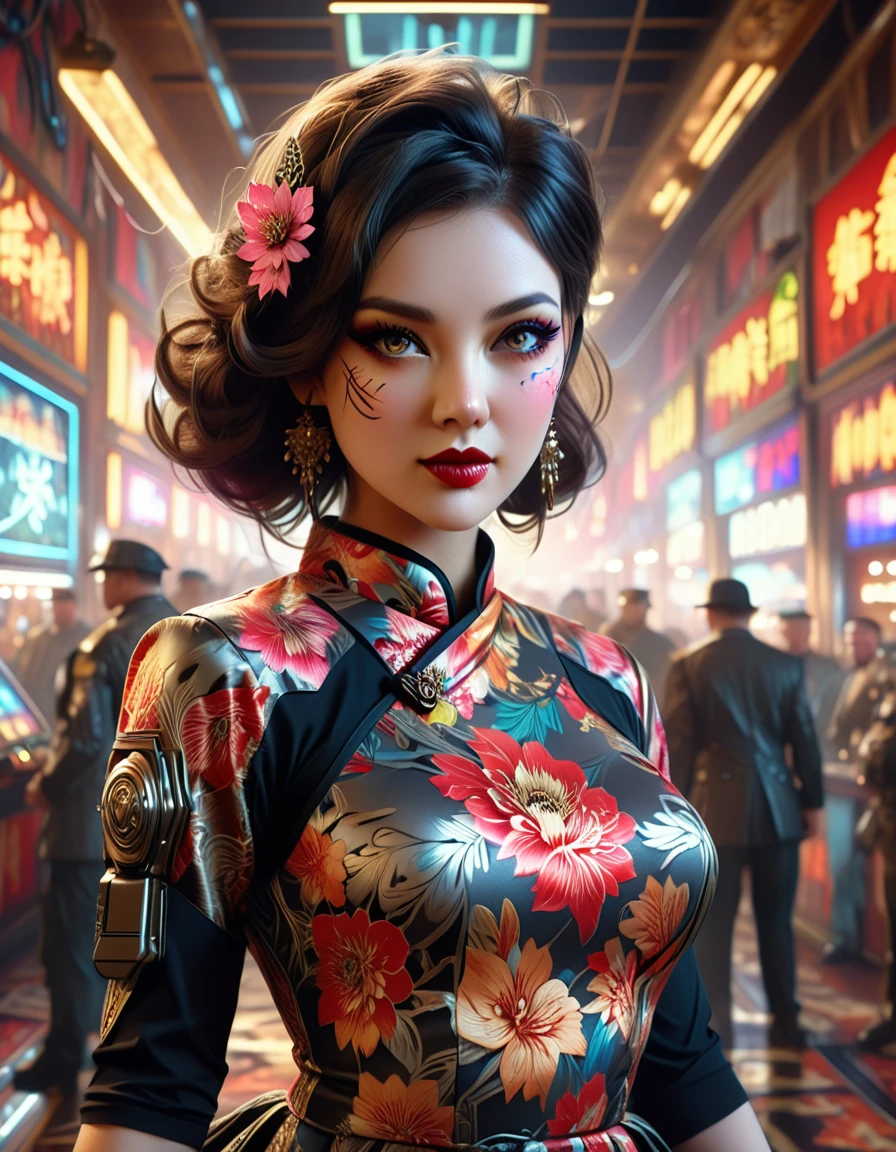 Young and beautiful woman_robot,Retro hairstyle,Retro makeup,Grinning face,Ideal body proportions,Full breasts,((Night camouflage_Tight Fit_Chinese dress:1.9)),(Rapid Fire Assault Rifle:1.7),(motion blur effect:1.5),(The casino was in chaos,Madness and destruction:1.4),(Highest quality,4K,8K,high resolution,masterpiece:1.2),Ultra Detailed,(lifelike,Photorealistic,Photorealistic:1.37),Detailed facial features,Intricate clothing patterns,striking pose,Dramatic lighting,Film composition,Vibrant colors,Dystopian atmosphere,painting,