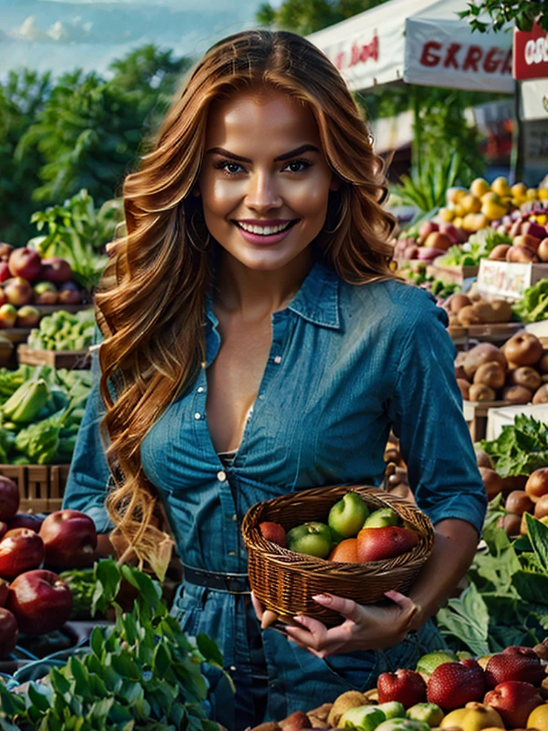 Generate an extremely photorealistic image of a gorgeous professional female Instagram influencer model with long reddish-blonde hair, captivating eyes, in a fun, candid photo at a local farmer’s market. She is holding a basket of fresh produce and smiling brightly. The scene should feature lifelike textures and details, with natural lighting highlighting her joyful expression and the vibrant colors of the produce. Keywords: 64K, photorealistic, UHD, hyper-detailed, HDR, professional photography, realistic rendering, lifelike, candid, fresh produce.
Keywords: Photorealistic, Cinematic, full-body portrait, gorgeous professional female Instagram influencer model, long reddish-blonde hair, captivating eyes, meticulously rendered, textures, realistic lighting and shadows, cinematic composition, lifelike, immersive, beauty.
