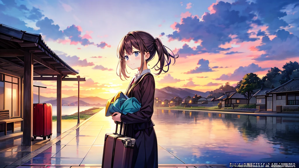 1mother、1son,(((Parent and 、Highest quality、Masterpiece、Official Art、The best dynamic composition)))、(detailed)、Anime Style、A tranquil view of the countryside、Departure、At the station platform、A touching scene in which a single mother holds back tears as she sees her son off。The mother stands on the platform、The expression on his face is a mixture of pride and sadness.。My grown-up son is carrying a suitcase.、She turns around and gives her mother a reassuring smile.。The station was crowded with other travelers.、The warm sunset casts a soft glow on the scene.、It highlights the heartbreaking moment of separation between mother and son.。Anime Styleで描かれています。
