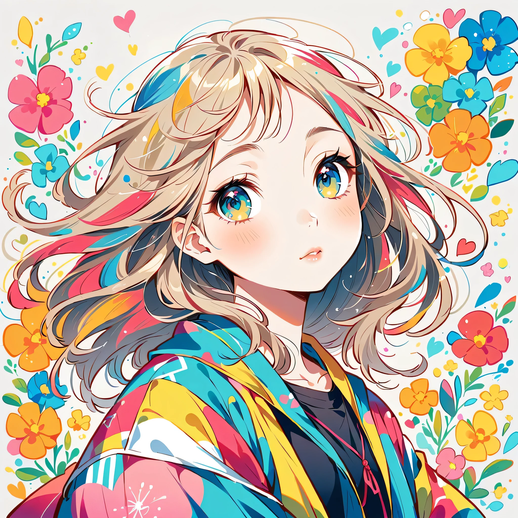 Mika Pikazo Style、The most beautiful girl of all time、Lips in Love、Colorful flowers、colorful hearts, Simple line initials、Abstract art、Urban Background