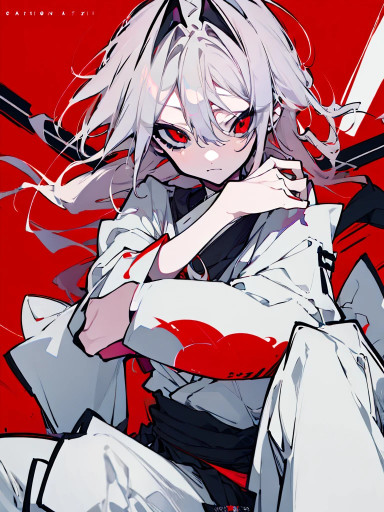 Female anime character with white hair and red eyes sitting on a red and white background, zerochan art, dos arknights, nagito komaeda, ufotable art style, best 4k konachan anime wallpaper, trends on artstation pixiv, Anime main art, digital art on pixiv, zerochan, por Kamagurka, female, female, Kizi, Kizi, , female, Japanese White clothes, Japanese White clothes, Japanese White clothes, vampire, vampire, vampire