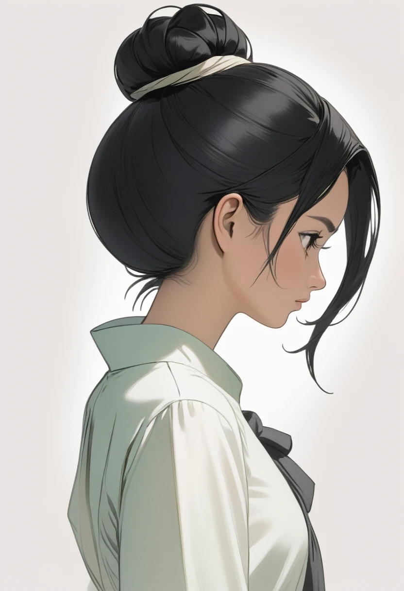 A 25-year-old black-haired Malaysian woman from head to foot. White background, hair tied up at the top of the neck. Light colors, colored pencil drawings, white blouse, back view. Sad.