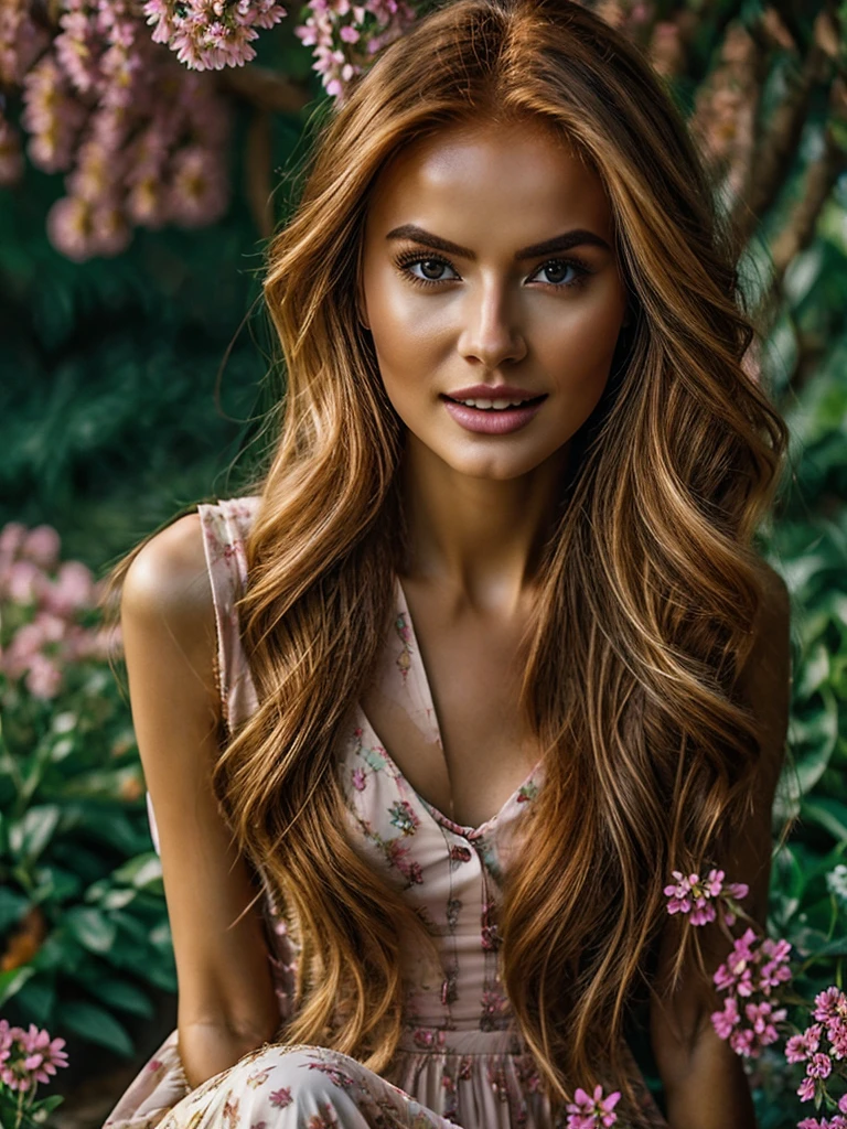 Generate an extremely photorealistic image of a gorgeous professional female Instagram influencer model with long reddish-blonde hair, captivating eyes, sitting in a lush garden, surrounded by blooming flowers, wearing a flowy dress, and looking serene. The scene should feature lifelike textures and details, with the soft lighting of the afternoon sun illuminating her serene expression and the vibrant, blooming flowers. Keywords: 64K, photorealistic, UHD, hyper-detailed, HDR, professional photography, realistic rendering, lifelike, serene, blooming flowers.
Keywords: Photorealistic, Cinematic, full-body portrait, gorgeous professional female Instagram influencer model, long reddish-blonde hair, captivating eyes, meticulously rendered, textures, realistic lighting and shadows, cinematic composition, lifelike, immersive, beauty.