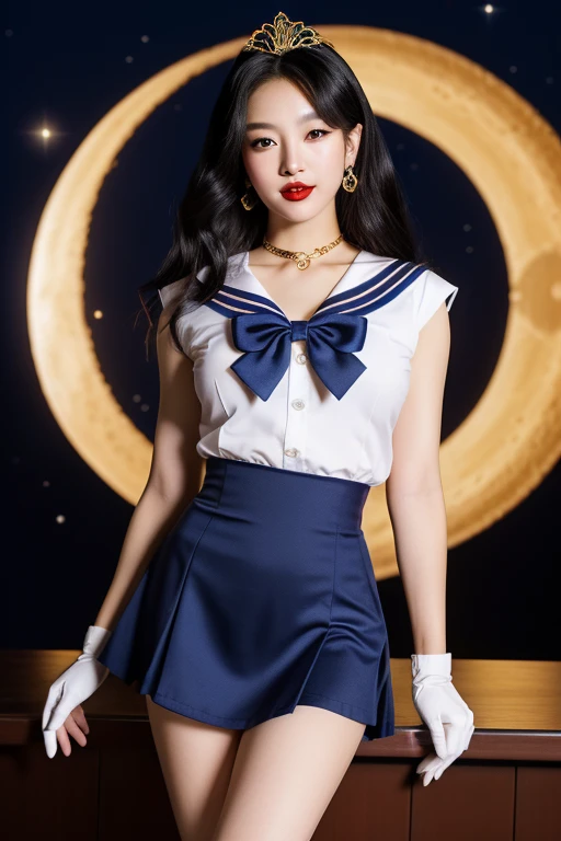 1 korean girl, sexy girl, strikingly beautiful, black hair, big breasts, delicate facial features, porcelain skin, red lips, eyes hook the soul seduces you, ((awe and joy expression)), 18 years old, (Sailor Moon supersailormoon mer1, Tiara, Sailor Senshi Uniform Sailor: 1.2, Sailor Moon: 1.2), (hairstyle of the 1980s),her hair styled in classic pin curls, long hair floating in the wind, Sailor Senshi uniform, (blue collar, blue sailor collar, blue pre-gate mini skirt: 1.3, red bow on the chest: 1.3, long white gloves: 1.3, red gloves on the elbows, red bow behind the waist: 1.1, golden tiara, earrings), luxurious golden jewelry, thin, thin and muscular, big breasts, perfect proportions, Thin waist, sexy model pose, visible pores, perfect hands: 1.5, strong natural light, sunlight, exquisite lighting and shadow, (space background, moonlight, moon, dynamic background, detailed background)