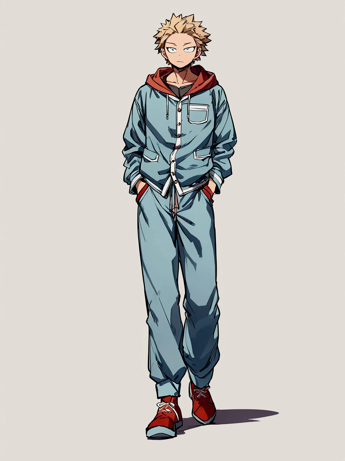 One boy, male focus, brown and blond hair, boku no hero academia, masterpiece, best quality, very aesthetic, red hoodie, navy green joggers, white leather boots, full body illustration, casual front pose.