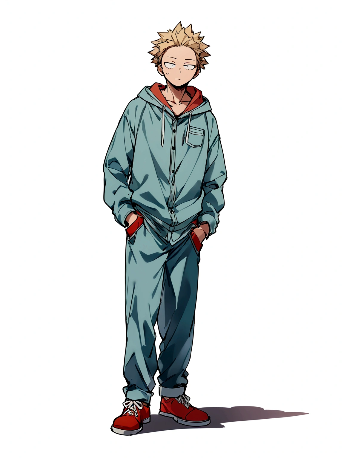 One boy, male focus, brown and blond hair, boku no hero academia, masterpiece, best quality, very aesthetic, red hoodie, navy green joggers, white leather boots, full body illustration, casual front pose.