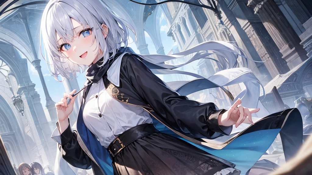 Her eyes were shining、Mysterious and enchanting atmosphere。With AI Painting、とてもShort Hair, Long bangs between the eyes, Grey Eyes , Very detailed,(masterpiece、Highest quality)、alone、Gray Hair、Fantasy, Silver Hair, Beautiful Eyes,Ecstasy, charm, attract the audience, Fantasyな風景、White shirt、smile、Open your mouth、Scarf、short hair、Short Hair、hairpin、Dark Eyes、Anime Eyes、Beautiful eyes、Eyes written in detail