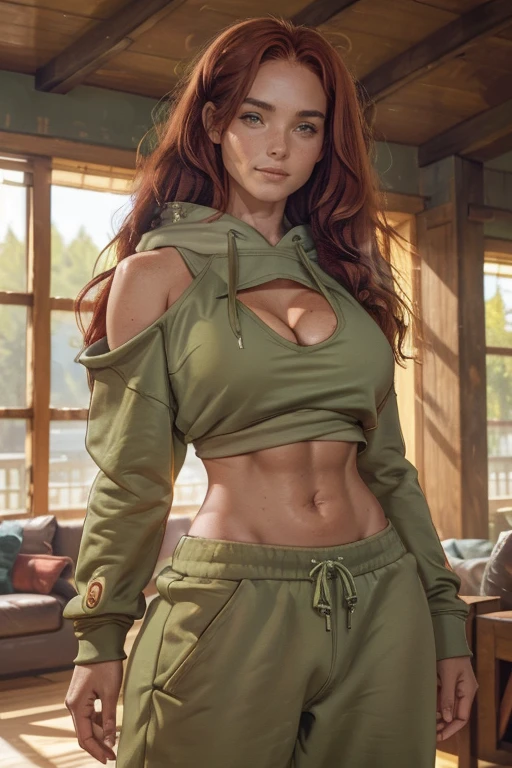 Athletic fit 30 year old woman, long wavy red hair down her back, big beautiful green eyes, freckles, muscle tone, wearing oversized sweatpants, and a huge loose baggy oversized low-cut cut-hoodie with wide open arm-holes underneath the top , her top is flowy and wavy in the wind, cleavage, small muscle definition in shoulders, curvy, wide hips, thick thighs, nice big muscular ass, mature face, grinning, tattoos, in a living room, Instagram model