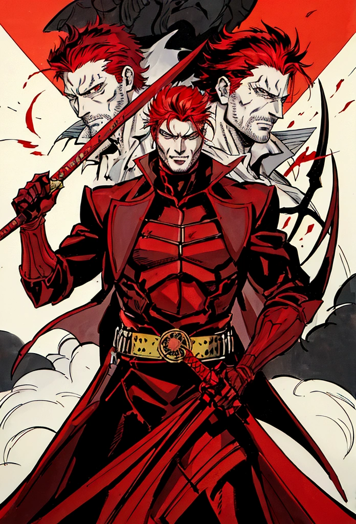 a man with red hair and a sword standing in front of a demon, a picture inspired by Kanō Hōgai, trending on pixiv, shin hanga, handsome guy in demon slayer art, beautiful male god of death, portrait de shanks le roux, fire behind him, bleach manga style, badass anime 8 k, tanjiro kamado