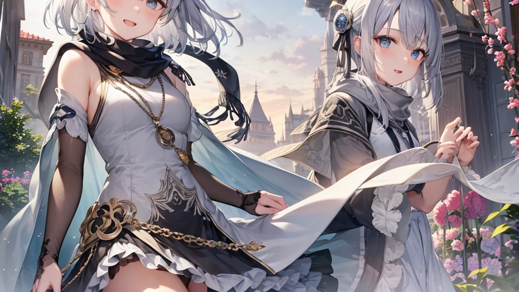 Her eyes were shining、Mysterious and enchanting atmosphere。With AI Painting、とてもShort Hair, Long bangs between the eyes, Grey Eyes , Very detailed,(masterpiece、Highest quality)、alone、Gray Hair、Fantasy, Silver Hair, Beautiful Eyes,Ecstasy, charm, attract the audience, Fantasyな風景、White shirt、smile、Open your mouth、Scarf、short hair、Short Hair、hairpin、Dark Eyes、Anime Eyes、Beautiful eyes、Eyes written in detail