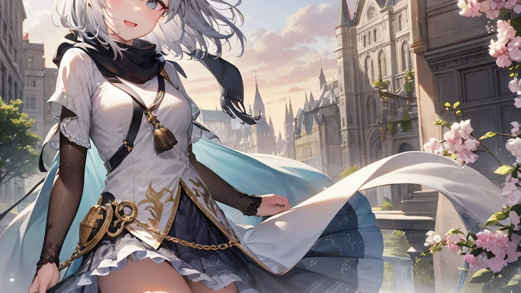 Her eyes were shining、Mysterious and enchanting atmosphere。With AI Painting、とてもShort Hair, Long bangs between the eyes, Grey Eyes , Very detailed,(masterpiece、Highest quality)、alone、Gray Hair、Fantasy, Silver Hair, Beautiful Eyes,Ecstasy, charm, attract the audience, Fantasyな風景、White shirt、smile、Open your mouth、Scarf、short hair、Short Hair、hairpin、Dark Eyes、Anime Eyes、Beautiful eyes、Eyes written in detail