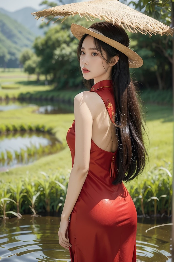 (((best quality))),(((ultra detailed))),(((masterpiece))),illustration,1 beautiful girl,slim,straw hat,shiny skin,black skin,sweat,wet,bare back,short Embroidered red cheongsam,collar,bare arms,pantyhose,standing in the Paddy pool filled with Rice seedlings,upper body,elegant, clear sky, sunlight, dreamy, contrast, natural,Chinese rural landscape,The body below the neck is in water,from back,towering hips,butt crack