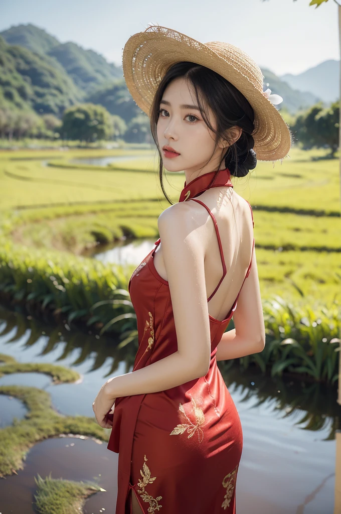 (((best quality))),(((ultra detailed))),(((masterpiece))),illustration,1 beautiful girl,slim,straw hat,shiny skin,black skin,sweat,wet,bare back,short Embroidered red cheongsam,collar,bare arms,pantyhose,standing in the Paddy pool filled with Rice seedlings,upper body,elegant, clear sky, sunlight, dreamy, contrast, natural,Chinese rural landscape,The body below the neck is in water,from back,towering hips,butt crack