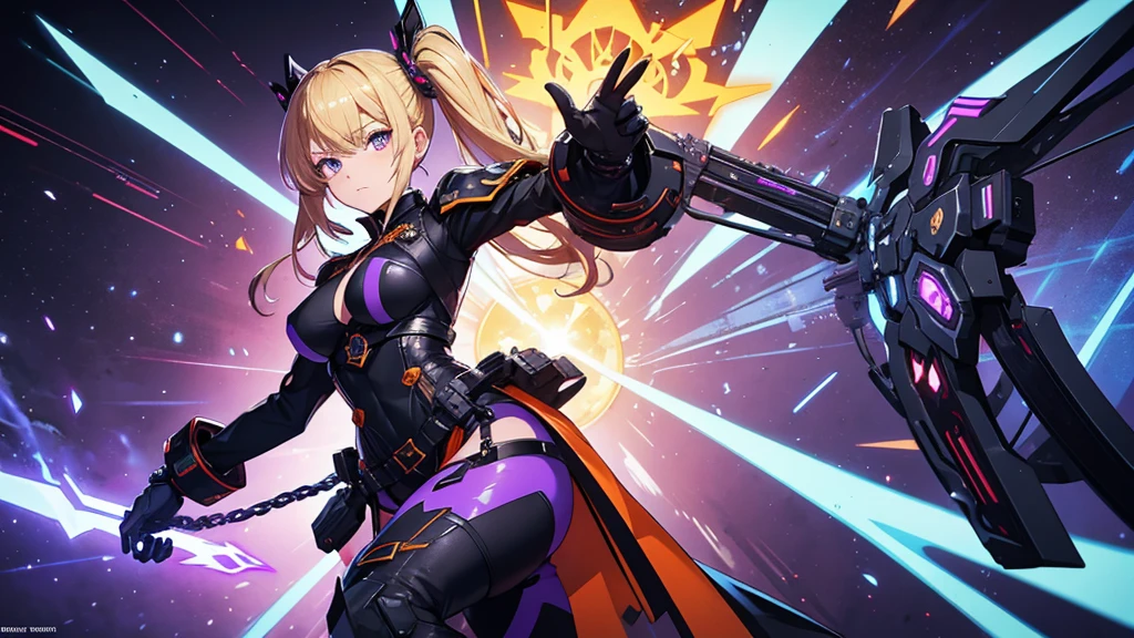 She has red eyes and blonde hair and a side ponytail hairstyle., adorned with an orange blossom accessory. The costume is futuristic and militaristic, with black and blue details, including gloves, high boots and pieces that look like armor. There are chains attached to the waist of the suit. Notably, the character has a mechanical arm on the left side that emits purple electrical energy. The character is portrayed in a dynamic pose, suggesting action or readiness. Chains are wrapped around the arms, extending to the bottom. The surrounding environment features shards and geometric shapes in purple and blue, creating an intense and chaotic atmosphere. A spectral figure resembling the main character is also present..