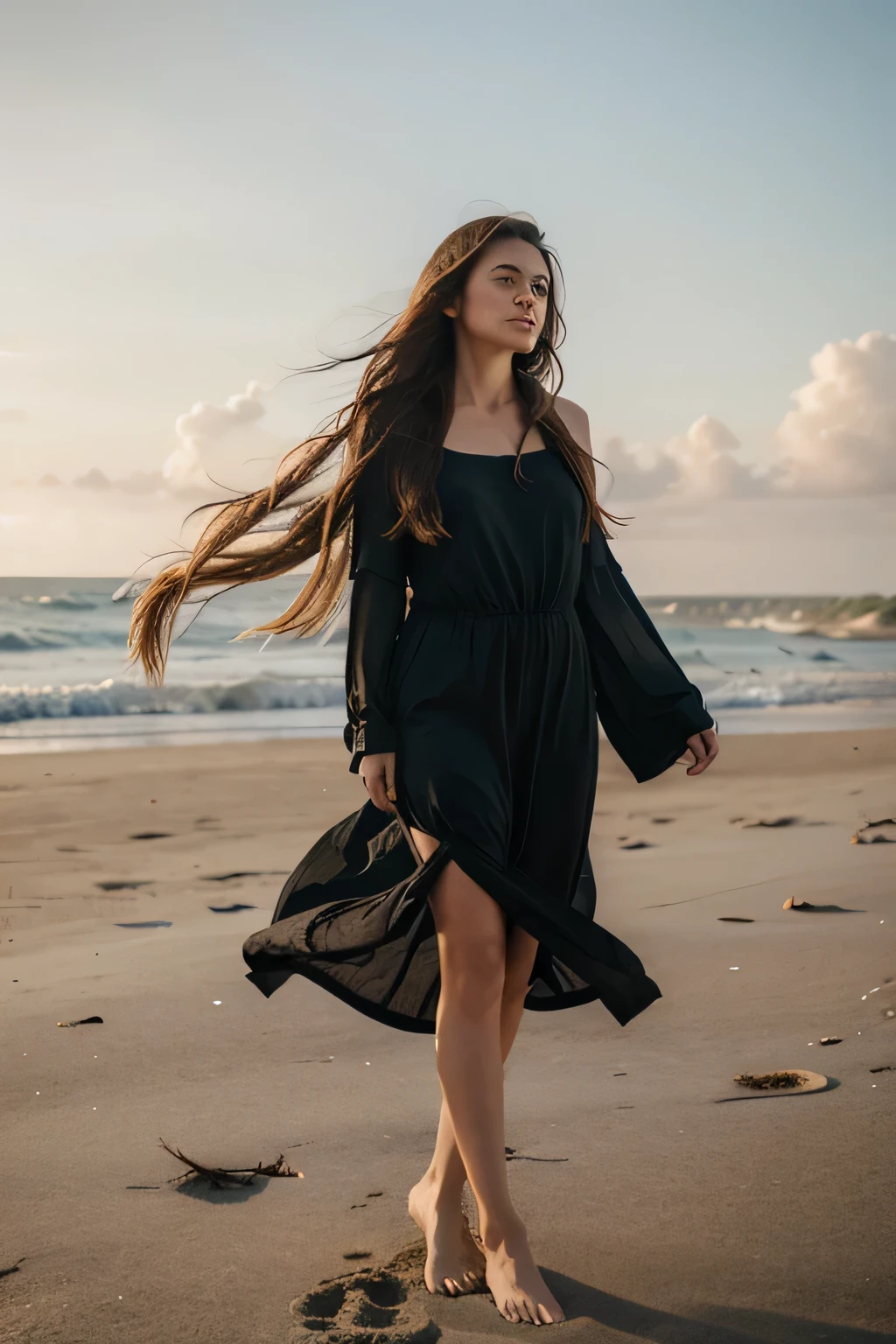 beautiful woman with long hair, standing on the beach, wind blowing her hair