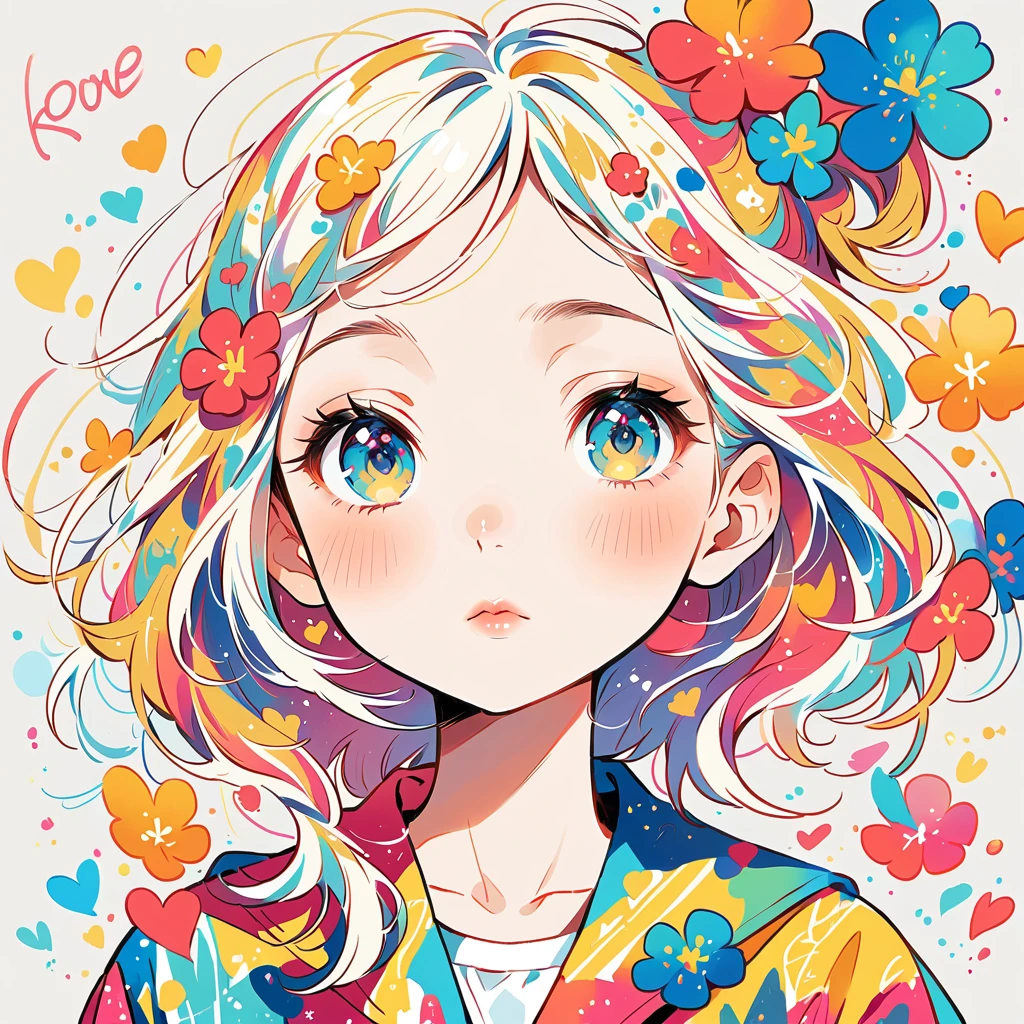 Mika Pikazo Style、The most beautiful girl of all time、Lips in Love、Colorful flowers、colorful hearts, Simple line initials、Abstract art、Urban Background