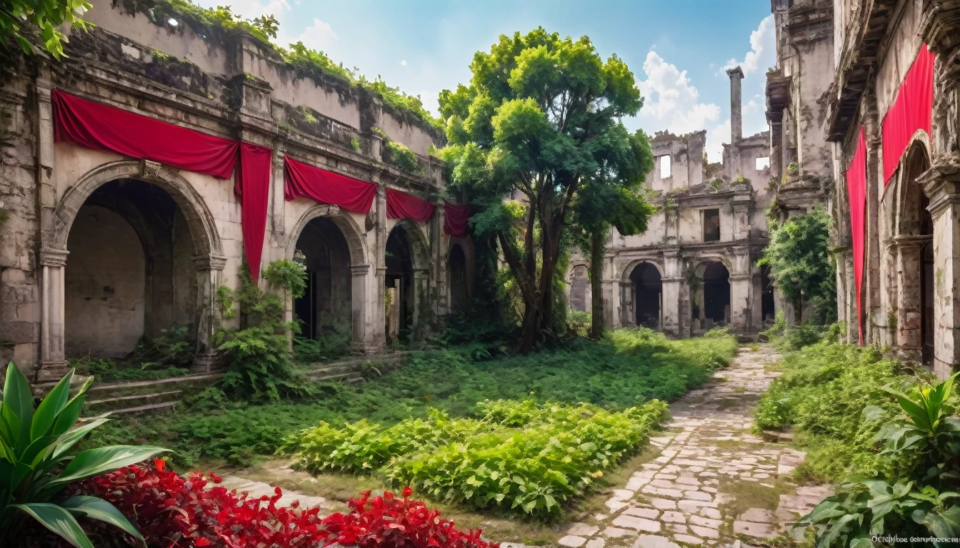 an old city with ruins and over grown plants and trees,   there is a large border (the border is red ) around it  like a cupe you see it from the side. 