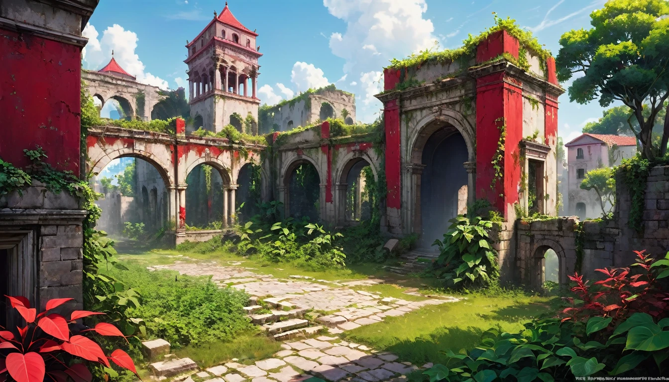 an old city with ruins and over grown plants and trees,   there is a large border (the border is red ) around it  like a cupe you see it from the side. 