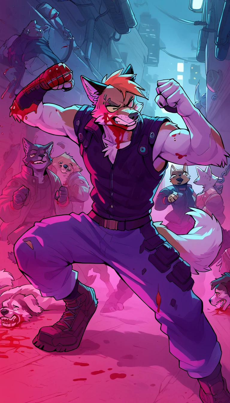 score_9, score_8_up, score_7_up,

(cyberpunk city, night alley, midnight, furry crowd on background, [cat, dog, fox, wolf, cow, bull:0.33], fight club, brawling), 

((taurus:1.2), anthro, male, ((Fighting Pose)), damaged face, ((covered in blood)), Wipes away the blood, ((closeup portrait)), fur, short punk haircut, beautiful, have a cyberpunk-style augmentations, grin)