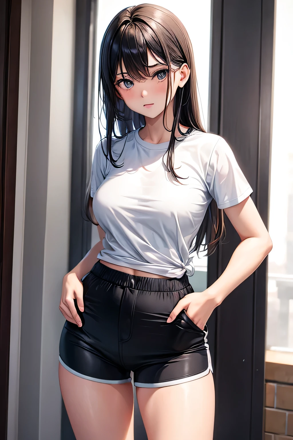 masterpiece、、1 female student、(((Missing arm,bare arms,black short sleeves)))white cloth bun、Shoulder leakage、chubby、Smile、(((、lace slap、black yoga pants)))pale pink lips、posing at school,(Soaked all over),legs are open, solo, White Polo Shirt, looking at the audience, (Thick thighs:1.0),It's raining,Red eyes, Blushed,blunt hair,flower headdress,lawn,hands on hips,creek,black hair